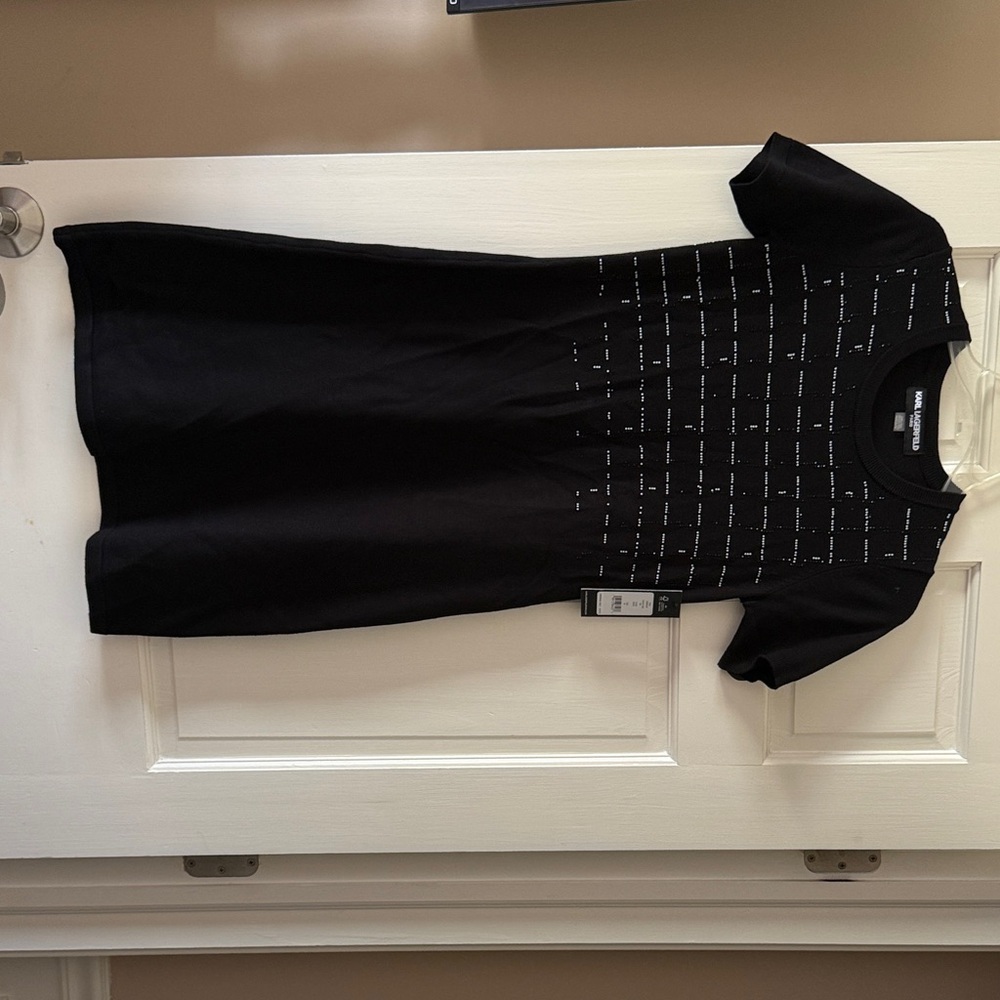 Karl Lagerfeld Black Short Sleeve Shift with Studded Grid